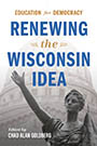 Education for Democracy: Cover showing the 'Forward Statue' in front of the Wisconsin state capitol building. The statue is a gray woman with her hair pulled back with a crown, one arm outstretched towards the sky. The capitol building in the background fades off into the distance. On top of it, the title text is proclaimed in gold and blue text.