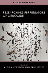 Researching Perpetrators of Genocide: Cover showing an art installation of pieces of shrapnel hanging from the ceiling.