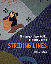 Striding Lines: Cover showing a close up picture of a quilt where three different block meets. One is dark blue with small, green lines going through it, one is green, and one is grey with a little quilt woman on it.
