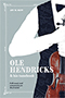 Ole Hendricks and His Tunebook: Close-up of a figure wearing a black vest and bow tie and holding a brown-red violin to their chest with both hands. We only see the figure from collarbone to hip in front of a blue-gray background.