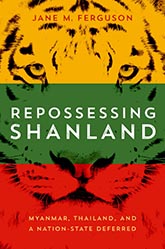 Repossessing Shanland: cover showing a picture of a tiger colored in three stripes: the top one is yellow, the middle is green, and the bottom is red. Design by Bruce Gore  Gore Studio, Inc.