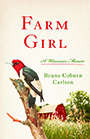 Farm Girl: A red-headed woodpecker perches on a lichen-covered branch on the lower left. A red barn in the background peeks over the hill behind long green and gold grass. and long grass.