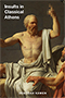 Insults in Classical Athens: cover art of the painting 'The Death of Socrates' zoomed in on Socrates, sitting on his bed, his left arm extended into the air. His fingers are blurred, to give it the appearance that he is making a vulgar hand signal that must be censored.