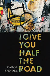 I Give You Half the Road: Abstract painting by Tamsir Dia on the top half, with a black block containing the title text on the bottom. The painting has a primarily white background, with various black, yellow, blue, and red lines and imperfect shapes.