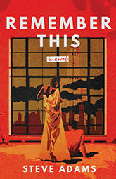 Remember This: Cover depicting an simple drawing of a dark haired figure draped in a sheet standing above a shirtless man leaning on the ground. The pair are before a large, modern window revealing a city skyline. The image is tinted orange and red. The title text is written in contrasting white font at the top and bottom of the page.