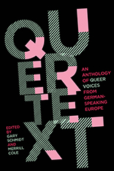Queer Voices from German-Speaking Europe: A black cover with the title text proclaimed in bold pink and black and white stripes. Design by Jeremy John Parker.