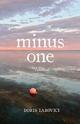 Minus One: Cover showing a pink balloon floating on a lake. The sky is cloudy and pink. The title text is set on top of and below the sky line. 