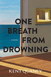 One Breath from Drowning: cover depicting an illustration of the sea through an open doorway. There is wood floor in the foreground which approaches the door and a wall with a painting on it. The title text straddles the space where the doorframe and the wall meet.