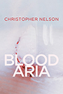 Blood Aria: A painting by Samuel Nelson. The painting is mostly white and blue-gray, with an abstract red blotch near the bottom, looking very much like a bleeding cut. Design by Kristyn Kalnes.