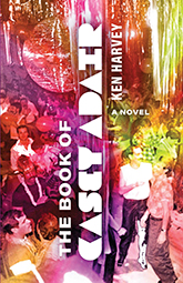 The Book of Casey Adair: Cover showing a photo of a disco that has been recolored in holographic reds, purples, and greens. The title text spans across the page in striking white font.