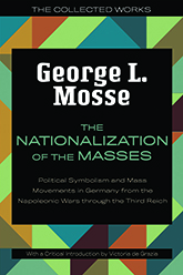 Nationalization of the Masses: Illustration of a geometric mosaic consisting of various olive, cream, blue, purple, and brown pieces. In the center, a large black rectangle contains the title and author text. Design by Jennifer Conn.