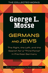 Germans and Jews: Illustration of a geometric mosaic consisting of various red, orange, and yellow pieces. In the center, a large black rectangle contains the title and author text. Design by Jennifer Conn.