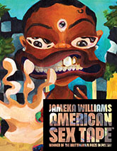 American Sex Tape: cover depicting a painting of a cartoon black woman with multiple irises within her eyes, and a third eye inbetween her eye brows. Her wavy-fingered hand is reaching toward the viewer. The title text is contained within a black box at the bottom of the page, the text cut out to reveal the image behind it.