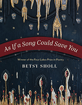 As If a Song Could Save You: a navy blue cover with gold and red ornamentation. The title text is written in white font upon a red curved strip that flows across the middle of the page.