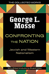 Confronting the Nation: Illustration of a geometric mosaic consisting of various orange, brown, yellow, and green pieces. In the center, a large black rectangle contains the title and author text. Design by Jennifer Conn.