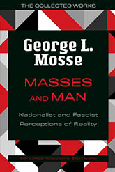 Masses and Man: Illustration of a geometric mosaic consisting of various red, black, white, and gray pieces. In the center, a large black rectangle contains the title and author text. Design by Jennifer Conn.