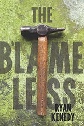 The Blameless: an acid-green cover with a simple, beaten up hammer placed in the center of the image. The title text is written in bold, all caps font across the background of the page.