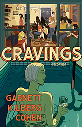 Cravings: cover depicting an illustration of a woman with a white-blonde bob sitting in a pool. Ahead of her there is a room where a party is occuring, but she is outside, alone. The room and the pool are divided by a window, emphasizing the separation between the woman and the group.