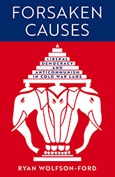 Forsaken Causes: a red cover with three white elephants in the center, a pyramid atop their heads. The title text is written in white font in a blue block at the top of the page.