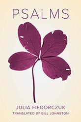 Psalms: a cream cover with a plum-hued four-leaf-clover in the center of the page. The clover has small holes and tears, its leaves unevenly spaced. The title text is written in an all caps font in the same color as the clover at the top of the page, the author text is in the same font but placed at the bottom.