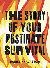 The Story of Your Obstinate Survival: a cover depicting illustrated flames curving across the page. The title text is written in text with varied widths that weave in and out of the flames.
